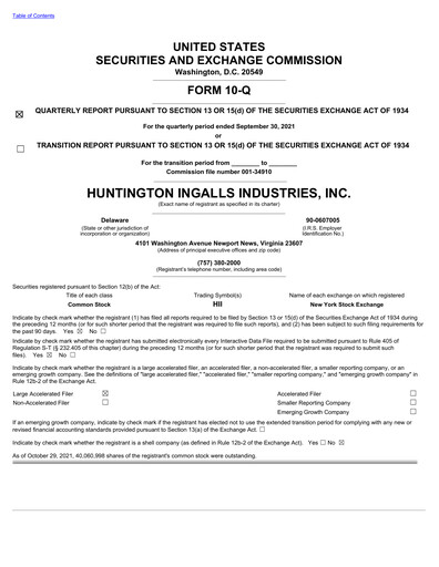 Miniature Huntington Ingalls Industries
 Rapport trimestriel 2021-q3