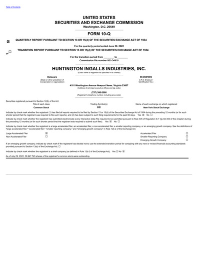 Miniature Huntington Ingalls Industries
 Rapport trimestriel 2022-q2