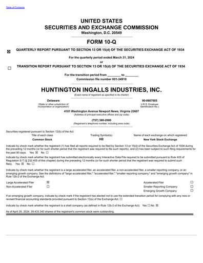 Miniature Huntington Ingalls Industries
 Rapport trimestriel 2024-q1