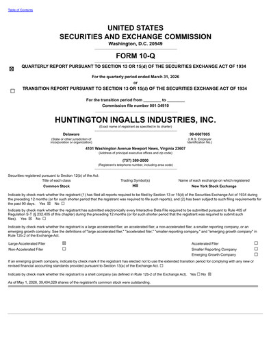 Miniature Huntington Ingalls Industries
 Rapport trimestriel 2026-q1