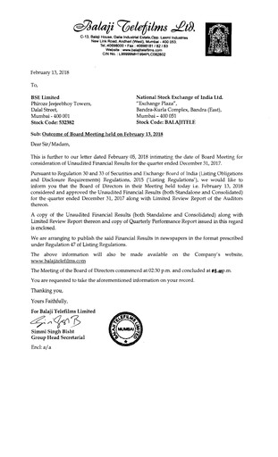 Thumbnail Balaji Telefilms
 Quarterly Report 2017-q3