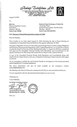 Thumbnail Balaji Telefilms
 Quarterly Report 2018-q1