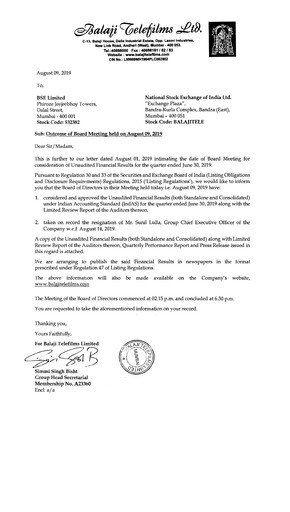 Thumbnail Balaji Telefilms
 Quarterly Report 2019-q1