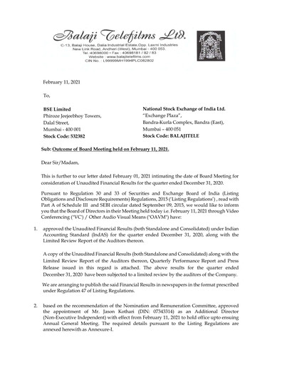 Thumbnail Balaji Telefilms
 Quarterly Report 2020-q3