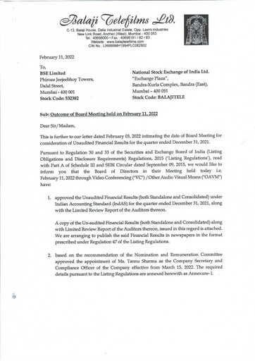 Thumbnail Balaji Telefilms
 Quarterly Report 2021-q3