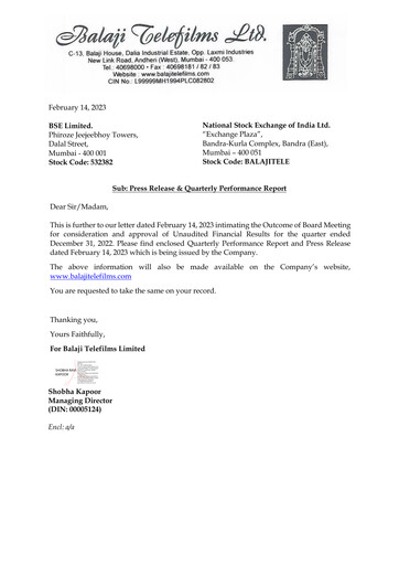 Thumbnail Balaji Telefilms
 Quarterly Report 2022-q3