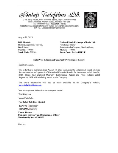 Miniature Balaji Telefilms
 Rapport trimestriel 2023-q1
