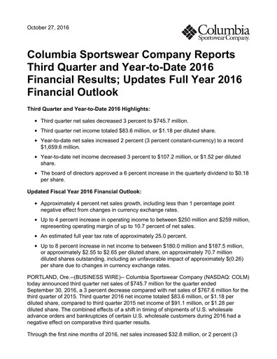 Vorschaubild Columbia Sportswear
 Quartalsbericht 2016-q3