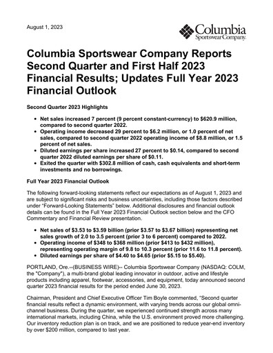 Vorschaubild Columbia Sportswear
 Quartalsbericht 2023-q2