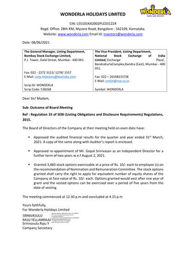 Vorschaubild Wonderla Holidays Finanzmitteilung 2020-2021