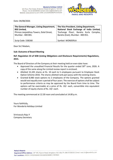 Vorschaubild Wonderla Holidays Quartalsbericht 2026-q1