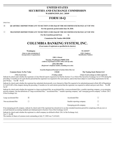 Thumbnail Columbia Banking System Quarterly Report 2020-q2