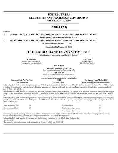 Thumbnail Columbia Banking System Quarterly Report 2020-q3