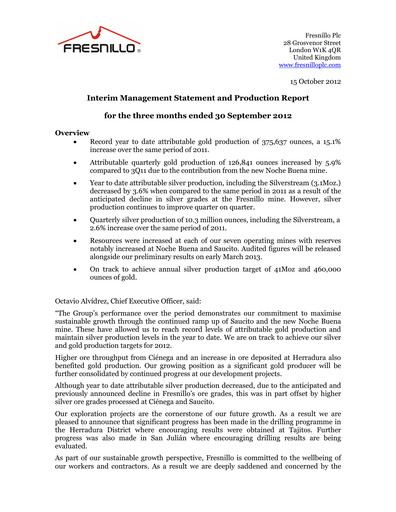 Miniature Fresnillo Rapport trimestriel 2012-q3
