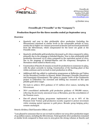 Miniature Fresnillo Rapport trimestriel 2014-q3
