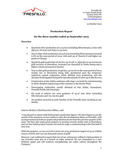 Miniature Fresnillo Rapport trimestriel 2015-q3