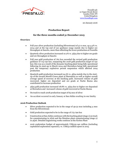 Miniature Fresnillo Rapport trimestriel 2015-q4