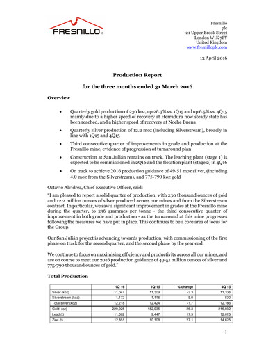 Miniature Fresnillo Rapport trimestriel 2016-q1