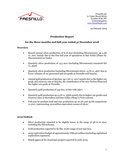 Miniature Fresnillo Rapport trimestriel 2018-q4
