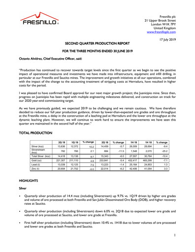 Miniature Fresnillo Rapport trimestriel 2019-q2