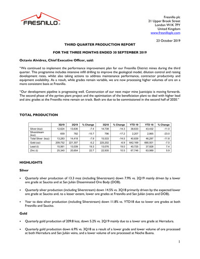 Miniature Fresnillo Rapport trimestriel 2019-q3