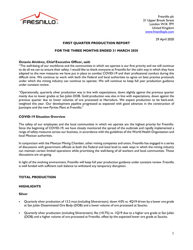 Miniature Fresnillo Rapport trimestriel 2020-q1