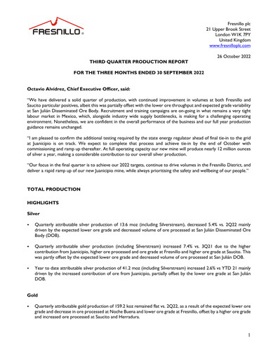 Miniature Fresnillo Rapport trimestriel 2022-q3