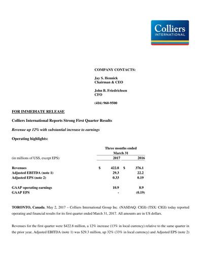 Miniature Colliers International Rapport trimestriel 2017-q1