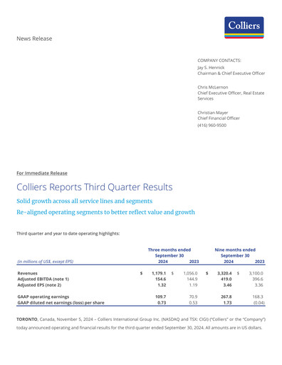 Miniature Colliers International Rapport trimestriel 2024-q3