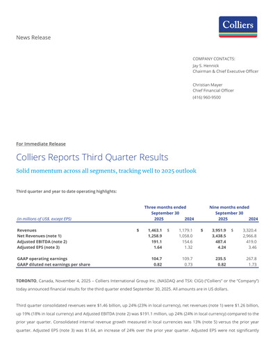 Vorschaubild Colliers International Quartalsbericht 2025-q3