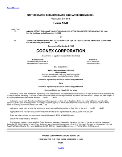 Thumbnail Cognex Annual Report 2003