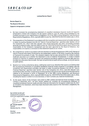 Thumbnail Capacit'e Infraprojects
 Quarterly Report 2018-q1