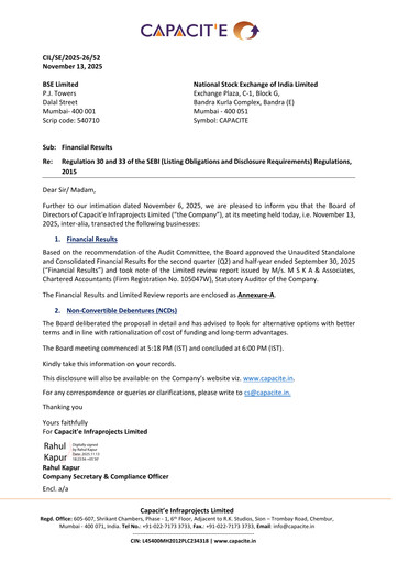 Thumbnail Capacit'e Infraprojects
 Quarterly Report 2025-q2