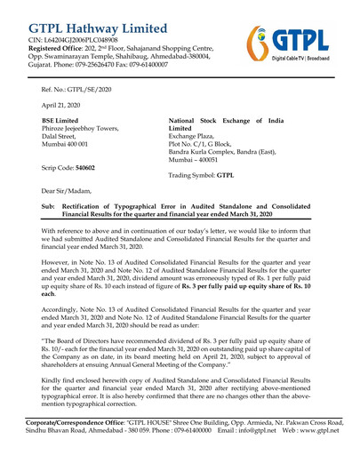 Thumbnail GTPL Hathway Financial Statement 2019-2020