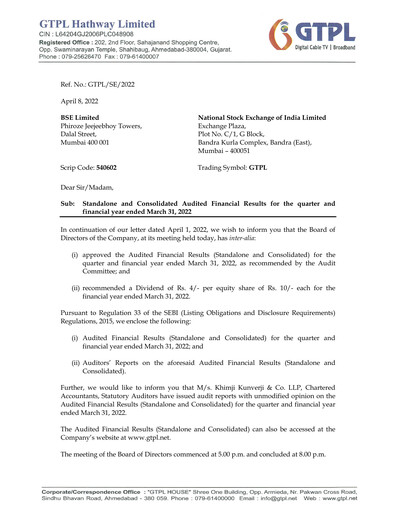 Thumbnail GTPL Hathway Financial Statement 2021-2022