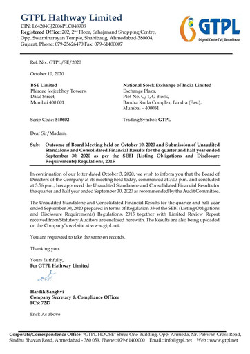 Thumbnail GTPL Hathway Quarterly Report 2020-q2