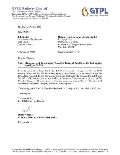 Thumbnail GTPL Hathway Quarterly Report 2021-q1