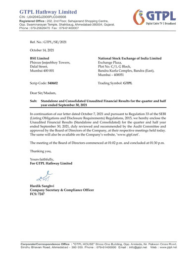 Thumbnail GTPL Hathway Quarterly Report 2021-q2
