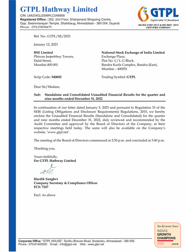 Thumbnail GTPL Hathway Quarterly Report 2022-q3