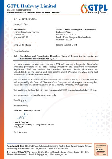 Thumbnail GTPL Hathway Quarterly Report 2023-q3