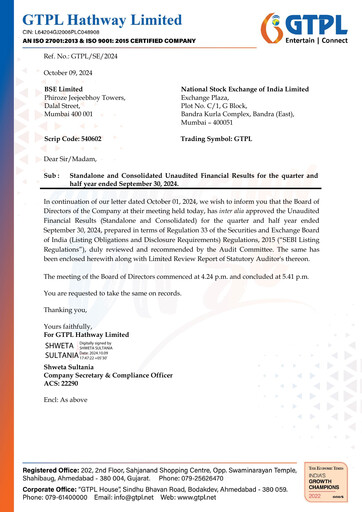 Thumbnail GTPL Hathway Quarterly Report 2024-q2