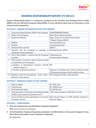 Thumbnail Repco Home Finance ESG Report 2020-2021