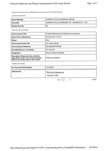 Vorschaubild Jardine Cycle & Carriage Finanzmitteilung 2015