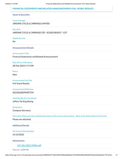 Vorschaubild Jardine Cycle & Carriage Finanzmitteilung 2022