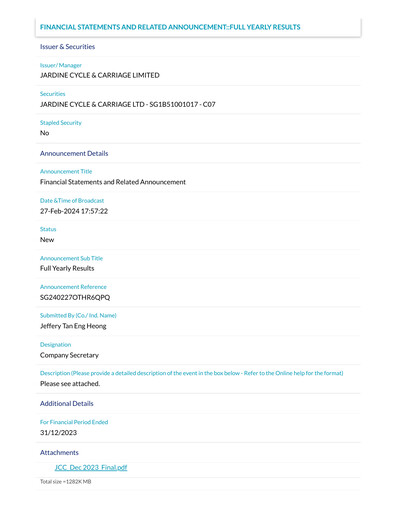 Vorschaubild Jardine Cycle & Carriage Finanzmitteilung 2023