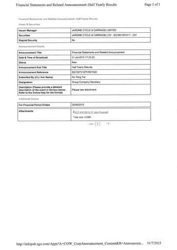 Thumbnail Jardine Cycle & Carriage Half-year Report 2015-h1