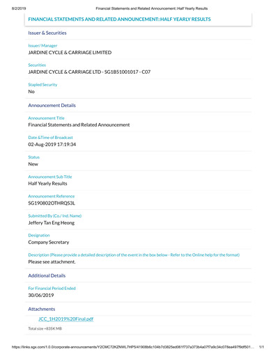 Thumbnail Jardine Cycle & Carriage Half-year Report 2019-h1