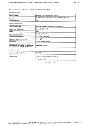 Vorschaubild Jardine Cycle & Carriage Quartalsbericht 2015-q1