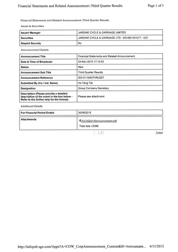 Vorschaubild Jardine Cycle & Carriage Quartalsbericht 2015-q3
