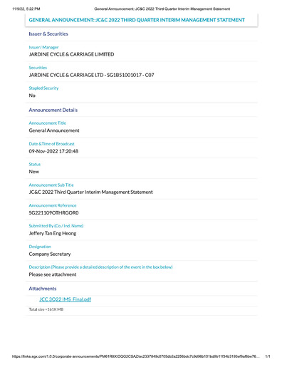 Vorschaubild Jardine Cycle & Carriage Quartalsbericht 2022-q3